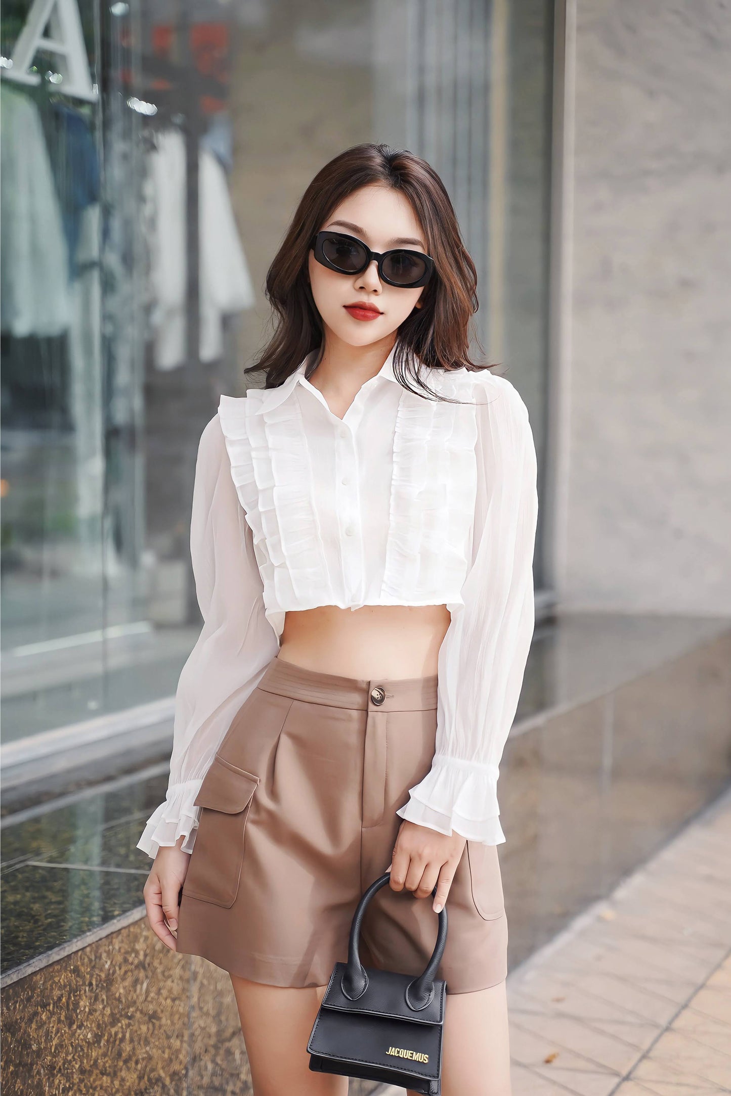 Lyna Shirt - Crop Top With Long Sleeves And A Unique Collar Design