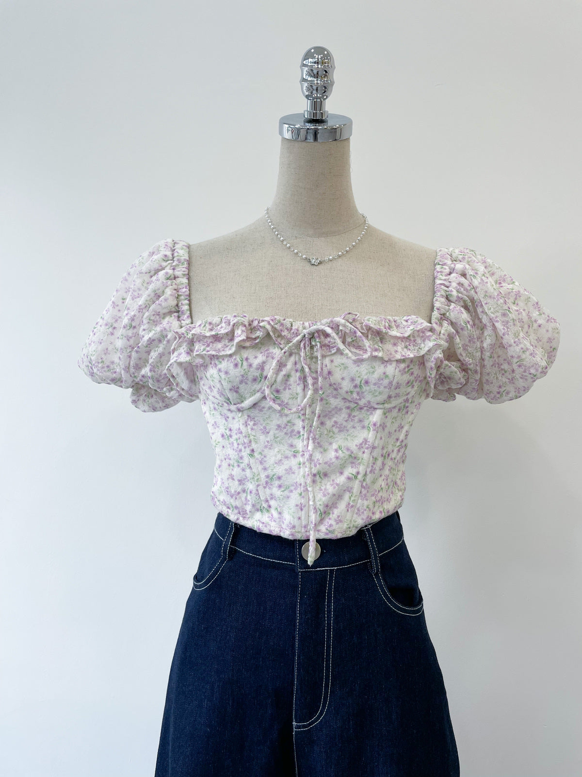 Syloo Top - Feminine Floral Puffed Sleeve Croptop