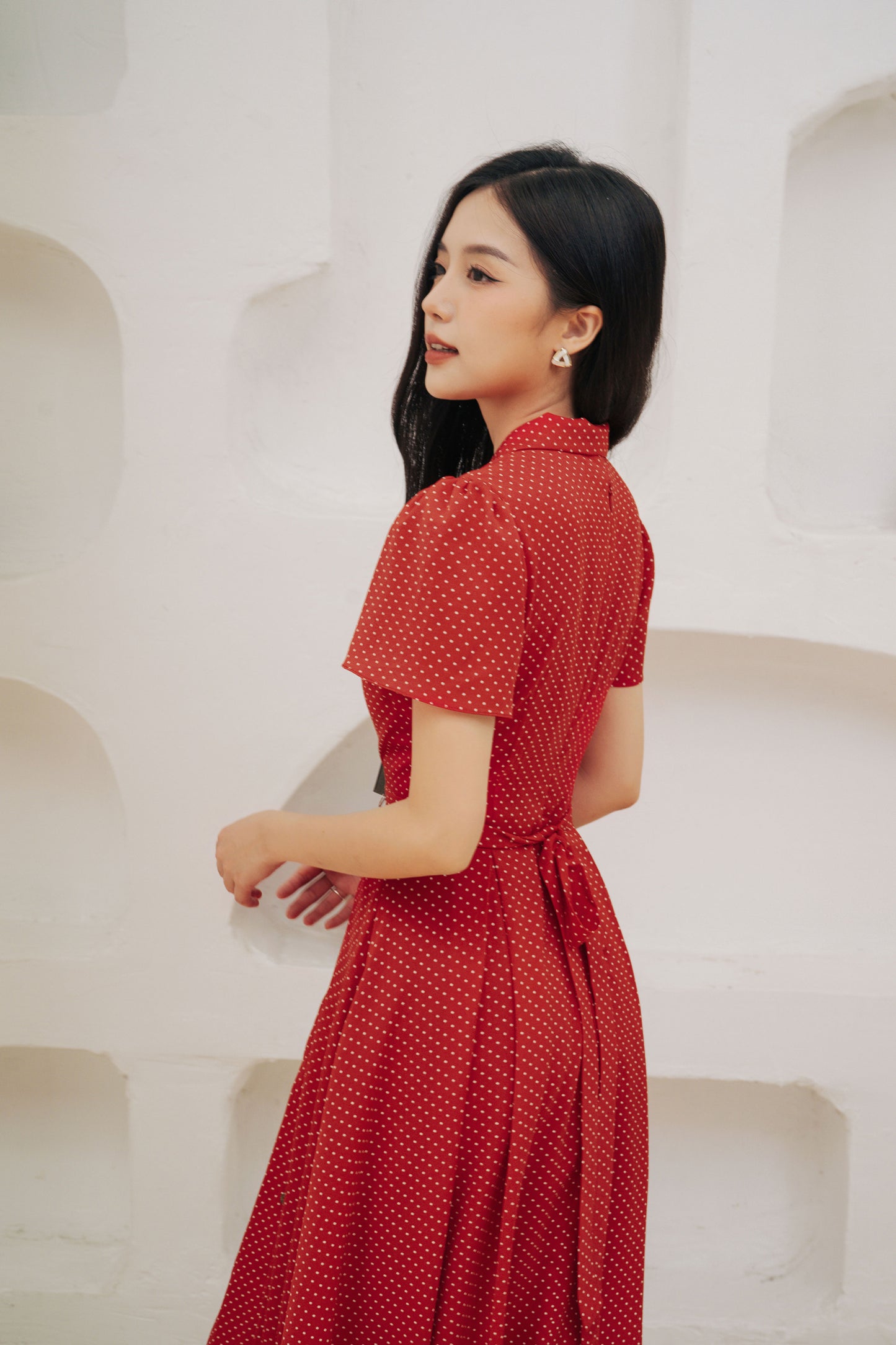 Collar Red Polka Dot Midi Dress