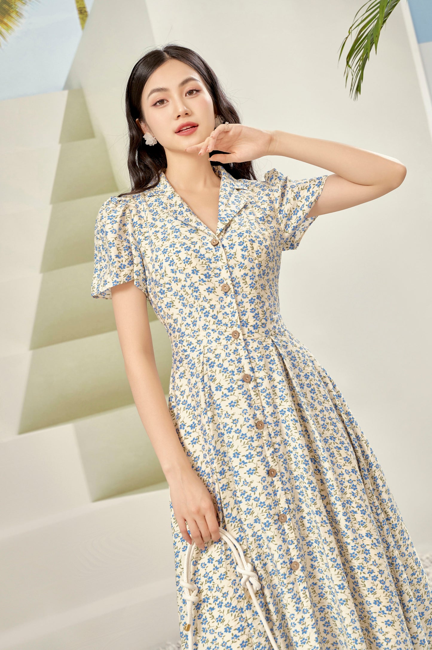 Beige with Blue Petite Floral Dress