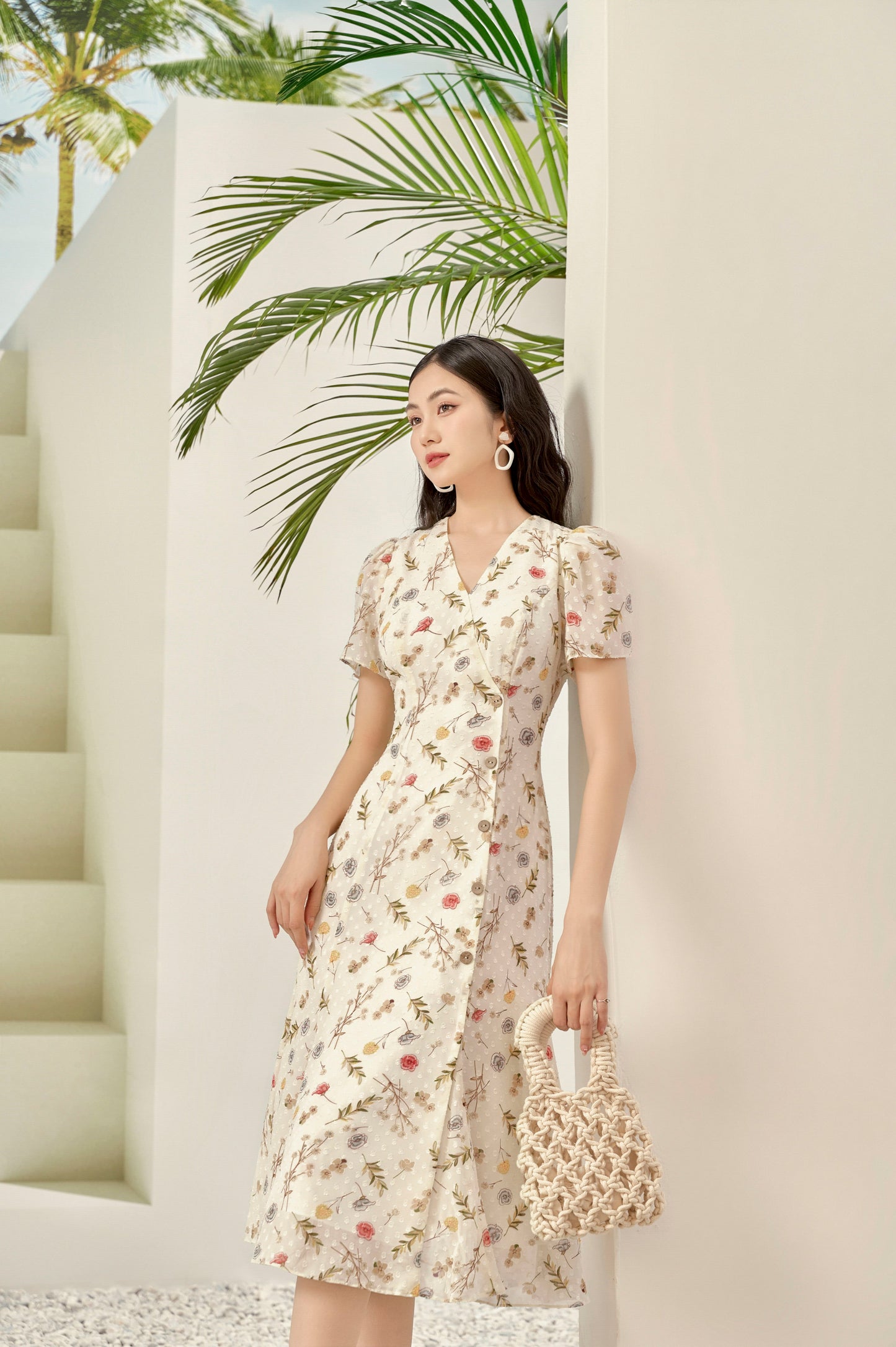 Floral V Neck Button Up Dress