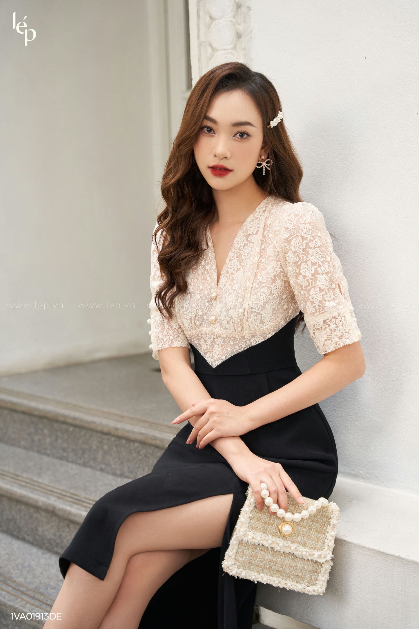 White Lace And Black Midi Dress
