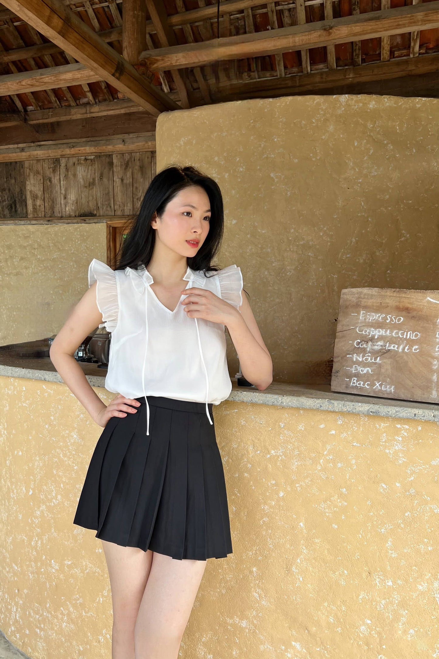 Sora Top -  Loose Fit, Ruffle Sleeves, a V-Neck Collar With a Unique Design