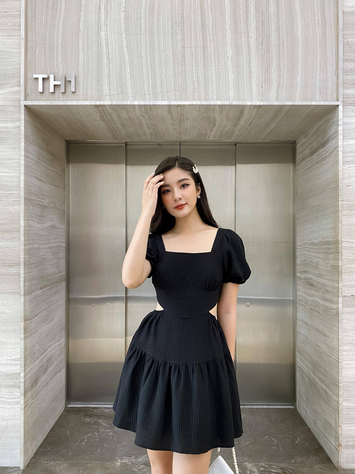 Teppmy Dress - Bell Sleeves, Cut-Out Waist, And Flared Korean-Style Design