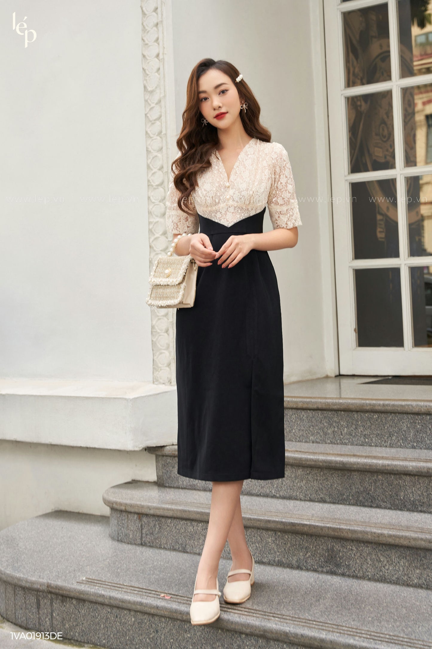 White Lace And Black Midi Dress