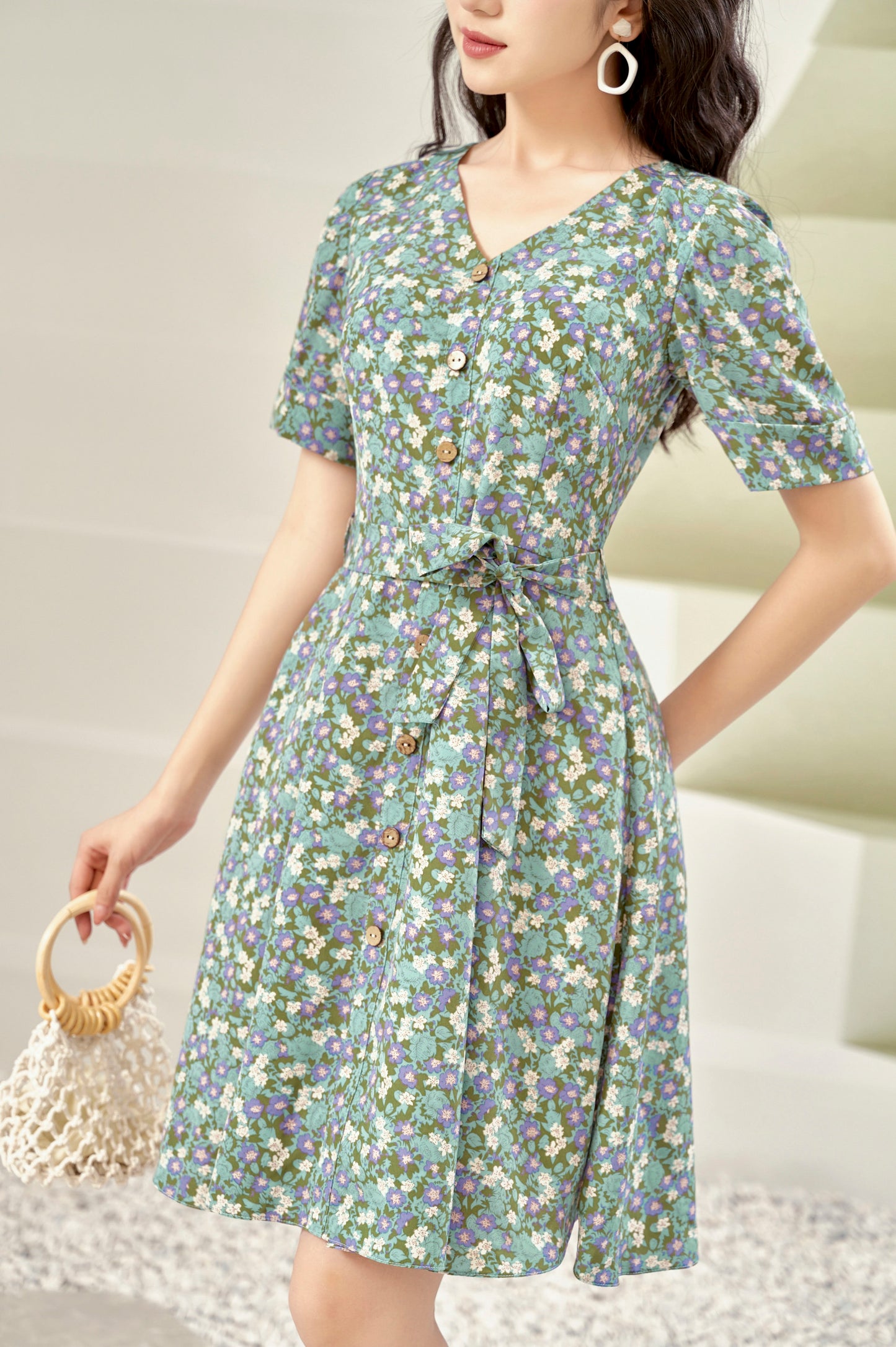 Blue Floral V-neck Mini Dress