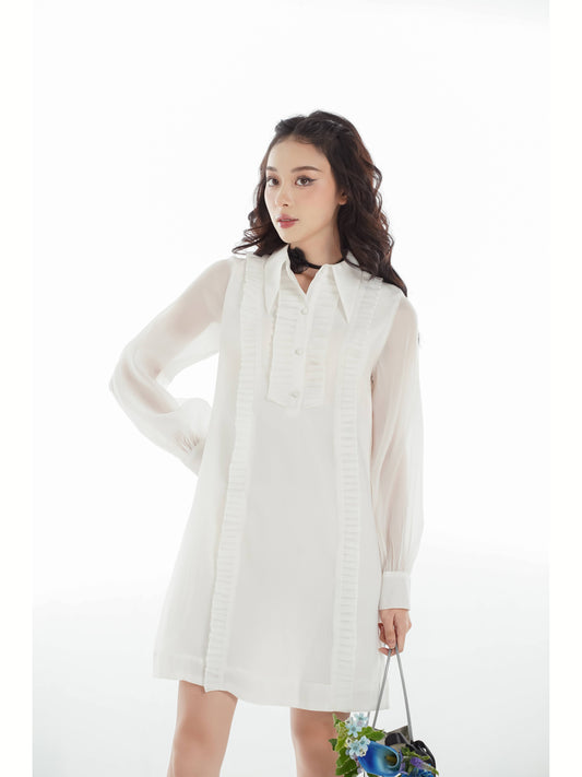 Hazen Dress - Mini Dress With Long Puffed Sleeves, Shirt Collar, Unique Design