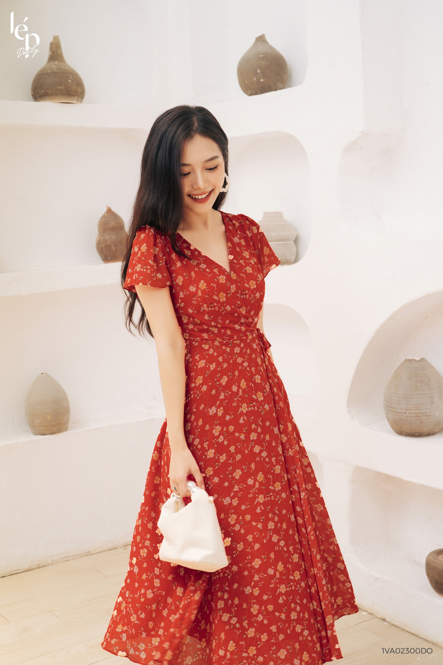 V-Neck Red Floral Midi Dress