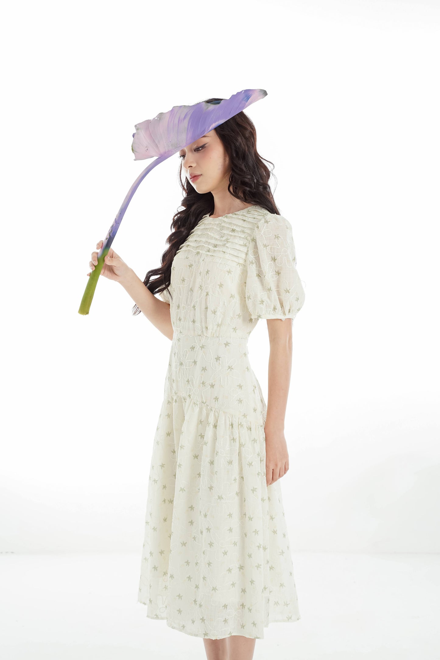 Kangmy Dress - Midi Dress With Round Neckline, Flared Sleeves, And Waist Cinching