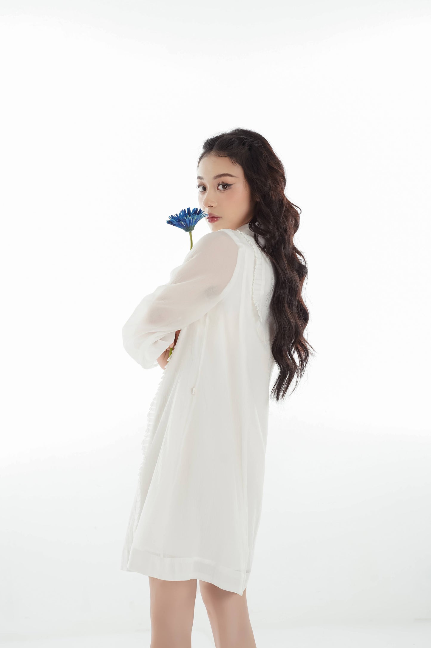 Hazen Dress - Mini Dress With Long Puffed Sleeves, Shirt Collar, Unique Design