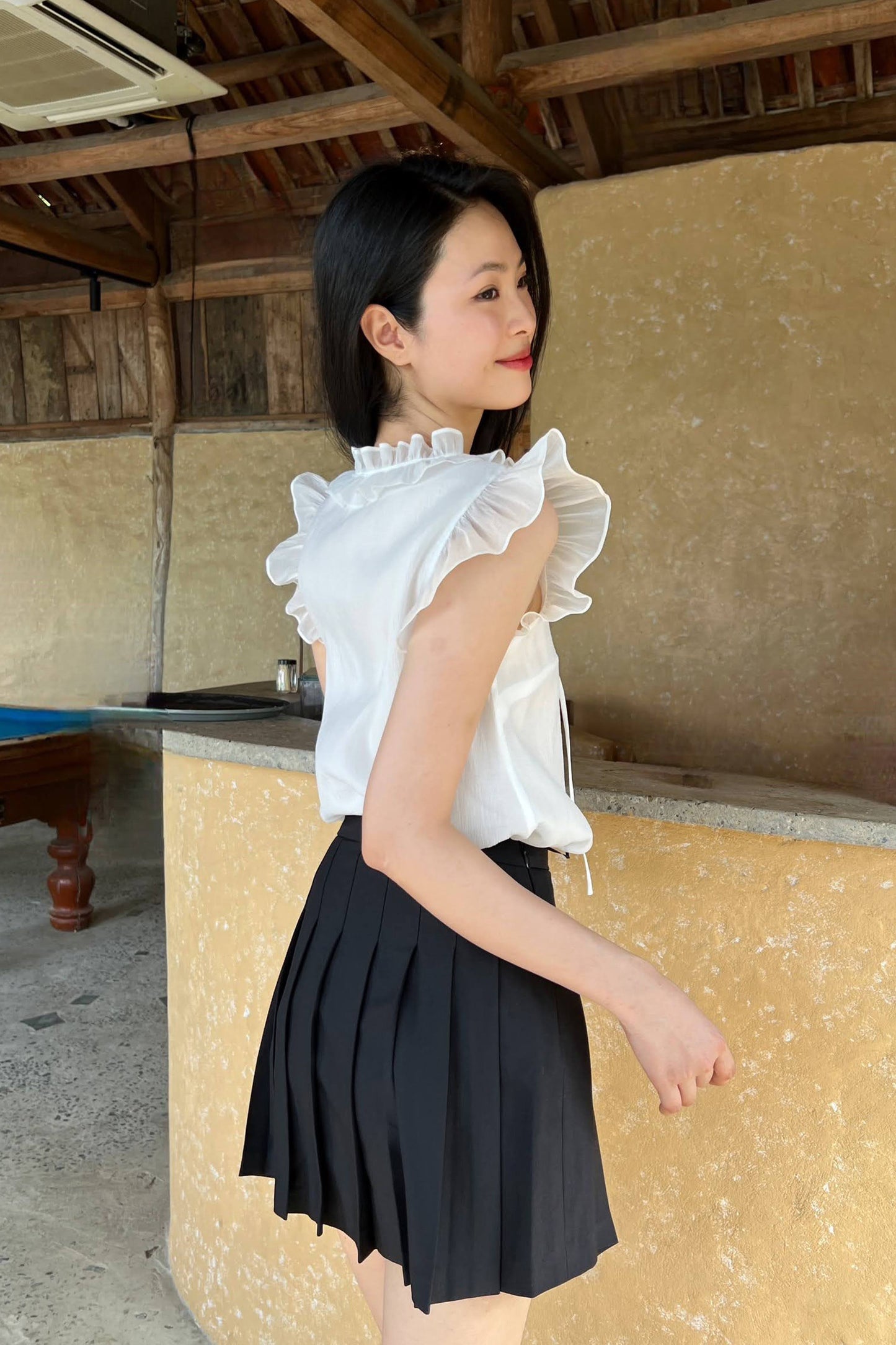 Sora Top -  Loose Fit, Ruffle Sleeves, a V-Neck Collar With a Unique Design