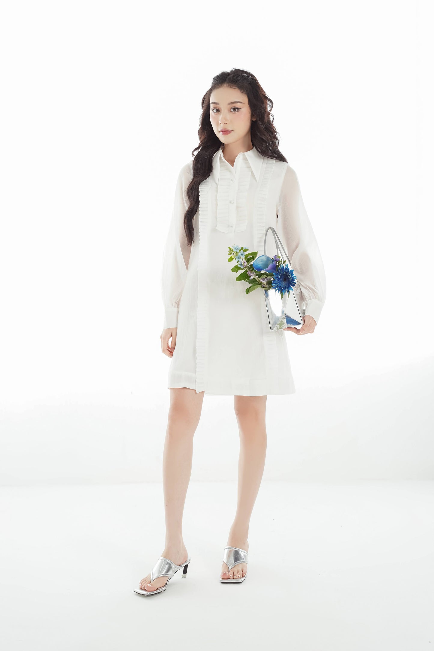 Hazen Dress - Mini Dress With Long Puffed Sleeves, Shirt Collar, Unique Design