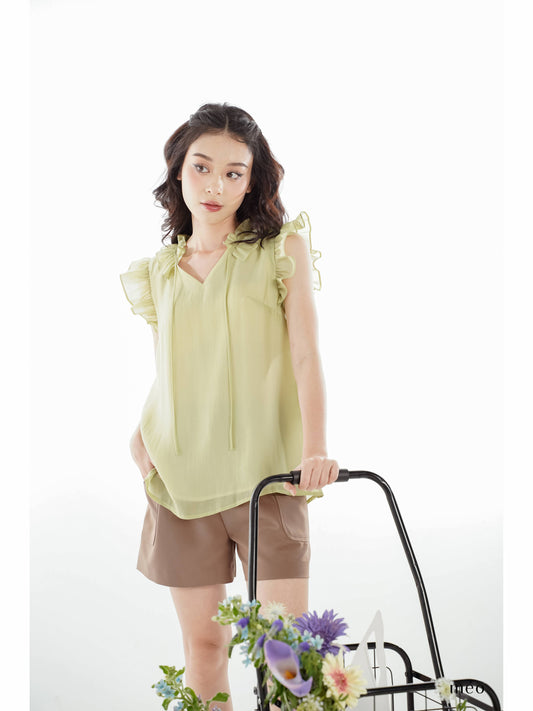 Sora Top -  Loose Fit, Ruffle Sleeves, a V-Neck Collar With a Unique Design