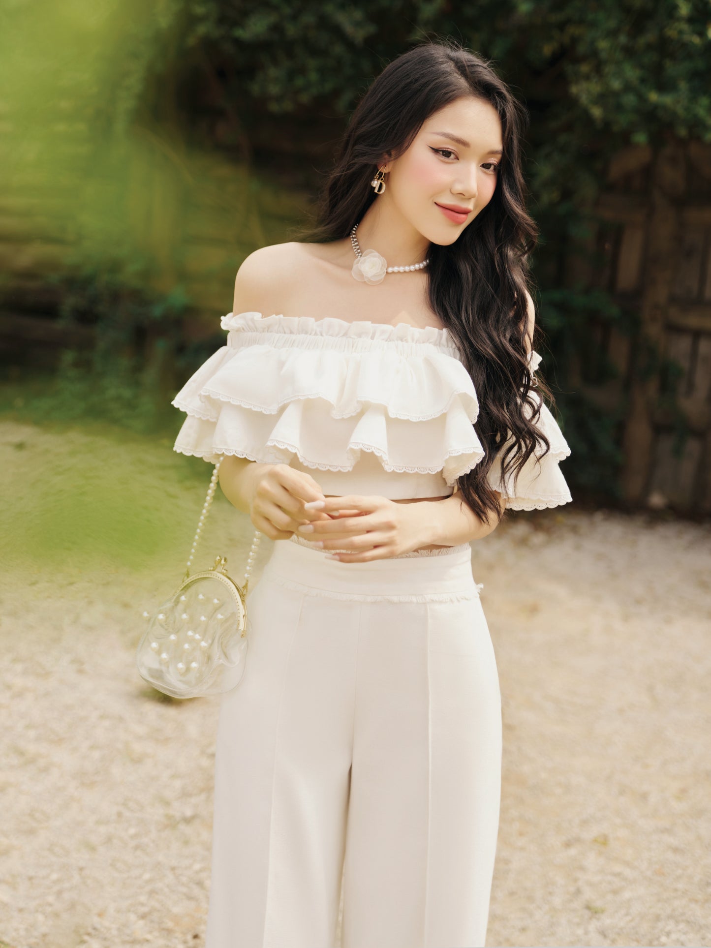 Elia Top - Feminine Off-Shoulder Crop Top With Ruffled Neckline, Perfect For Strolling