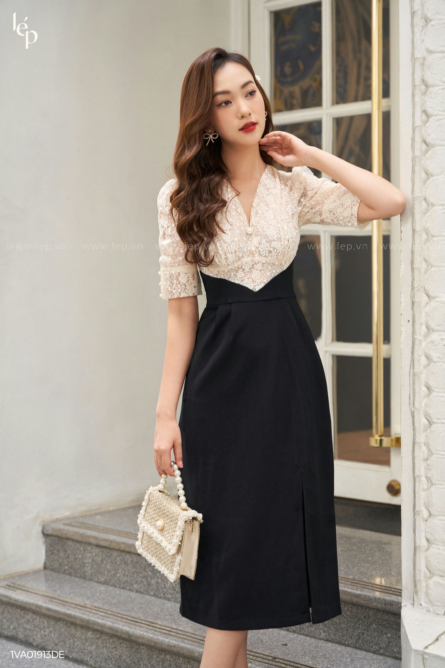 White Lace And Black Midi Dress