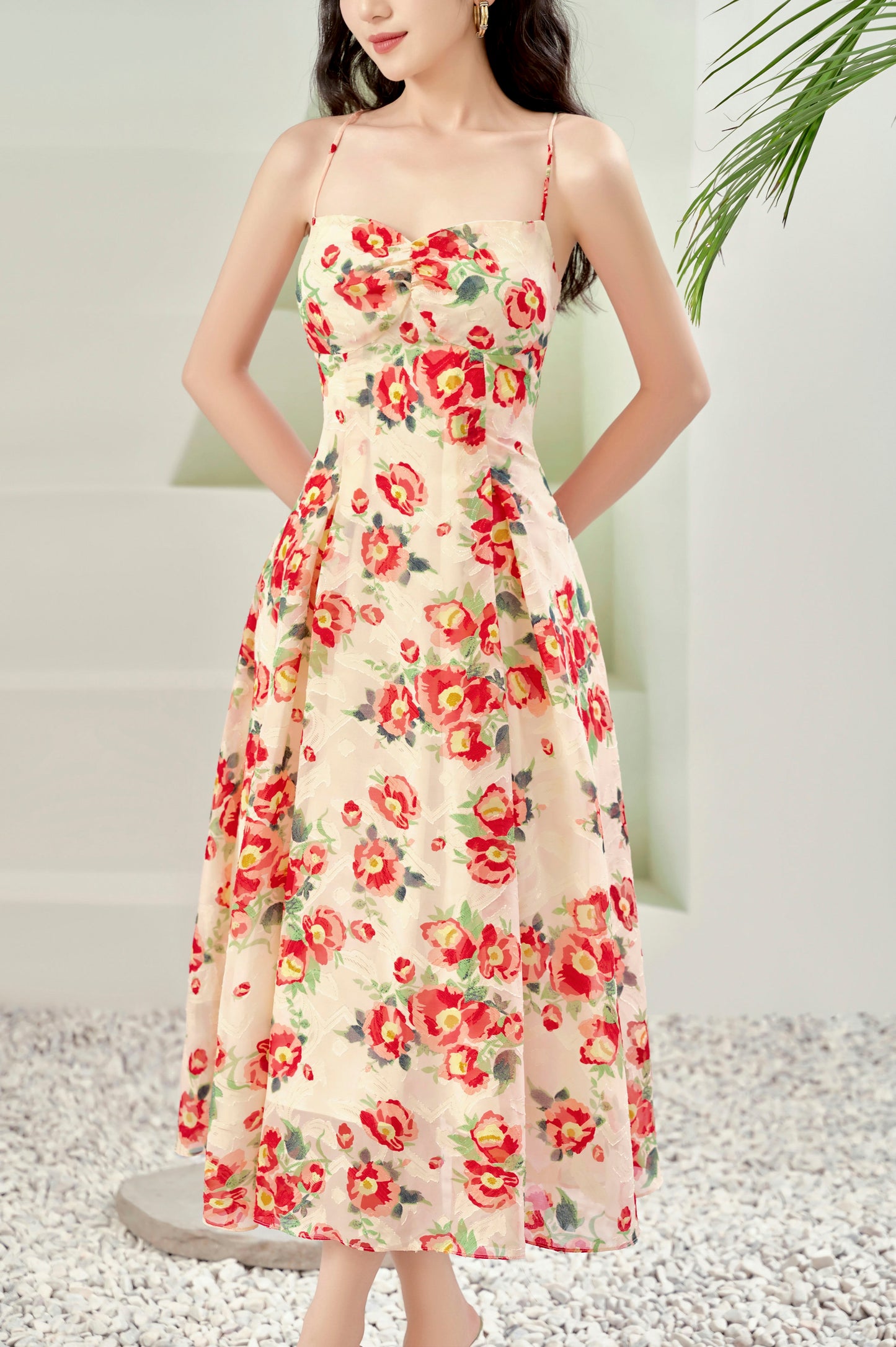 Big Flower Spaghetti Strap Midi Dress