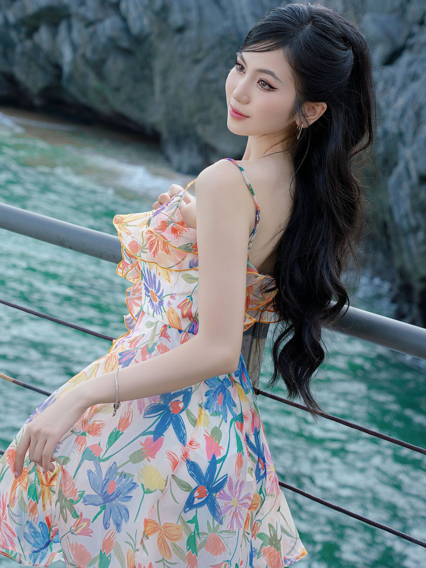 Mariny Dress - Feminine Patterned Flared Dress With Ruffled Bust