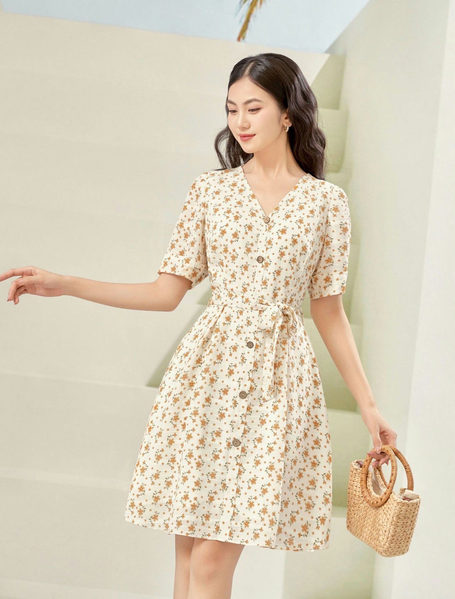 White Floral V-neck Mini Dress