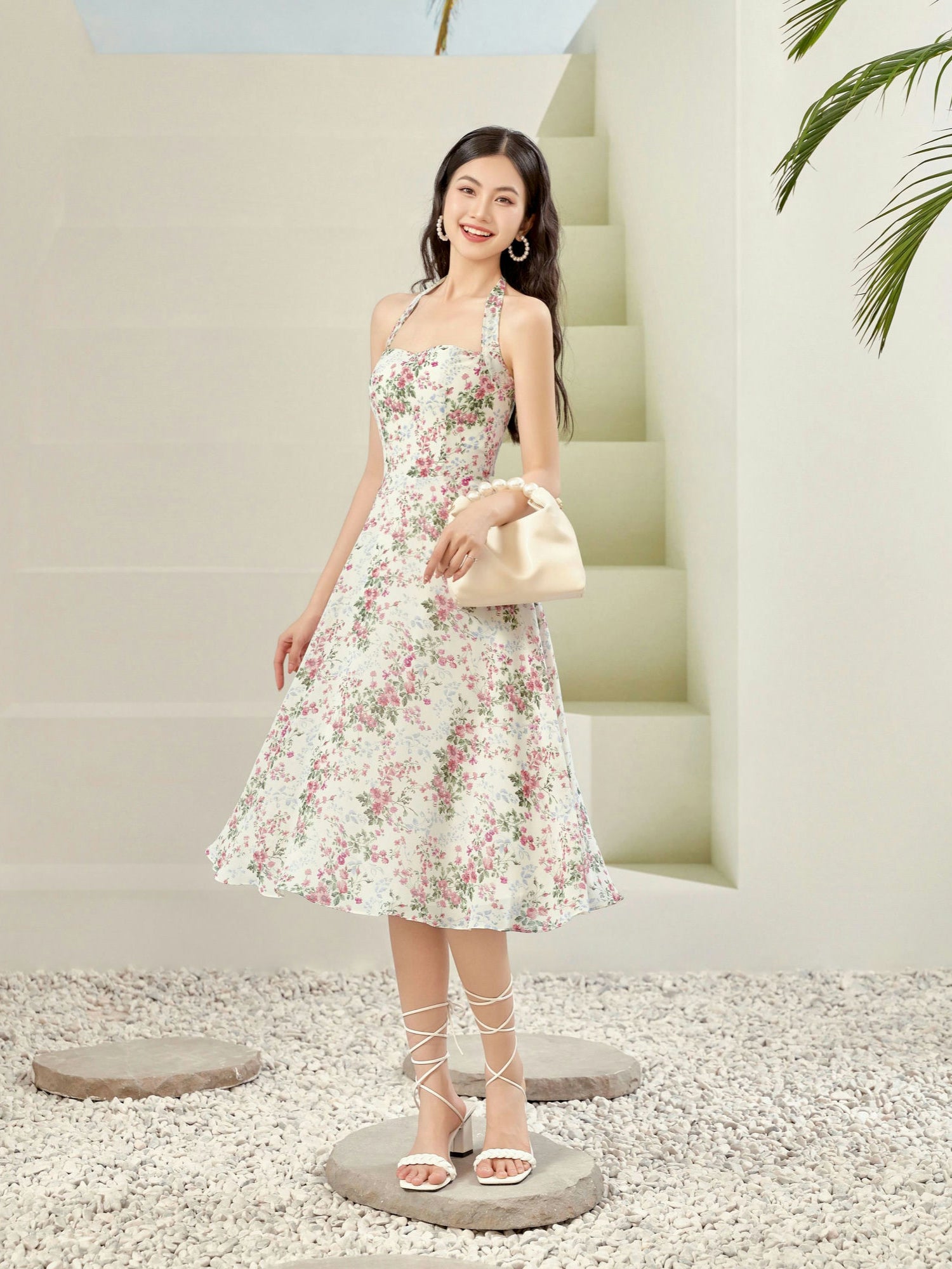 Floral Halter Neck Flared Dress Beige / S Floral Halter Neck Flared Dress Beige / S