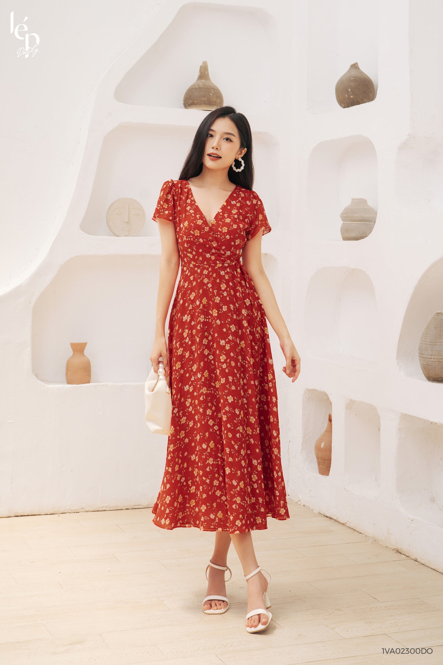 V-Neck Red Floral Midi Dress