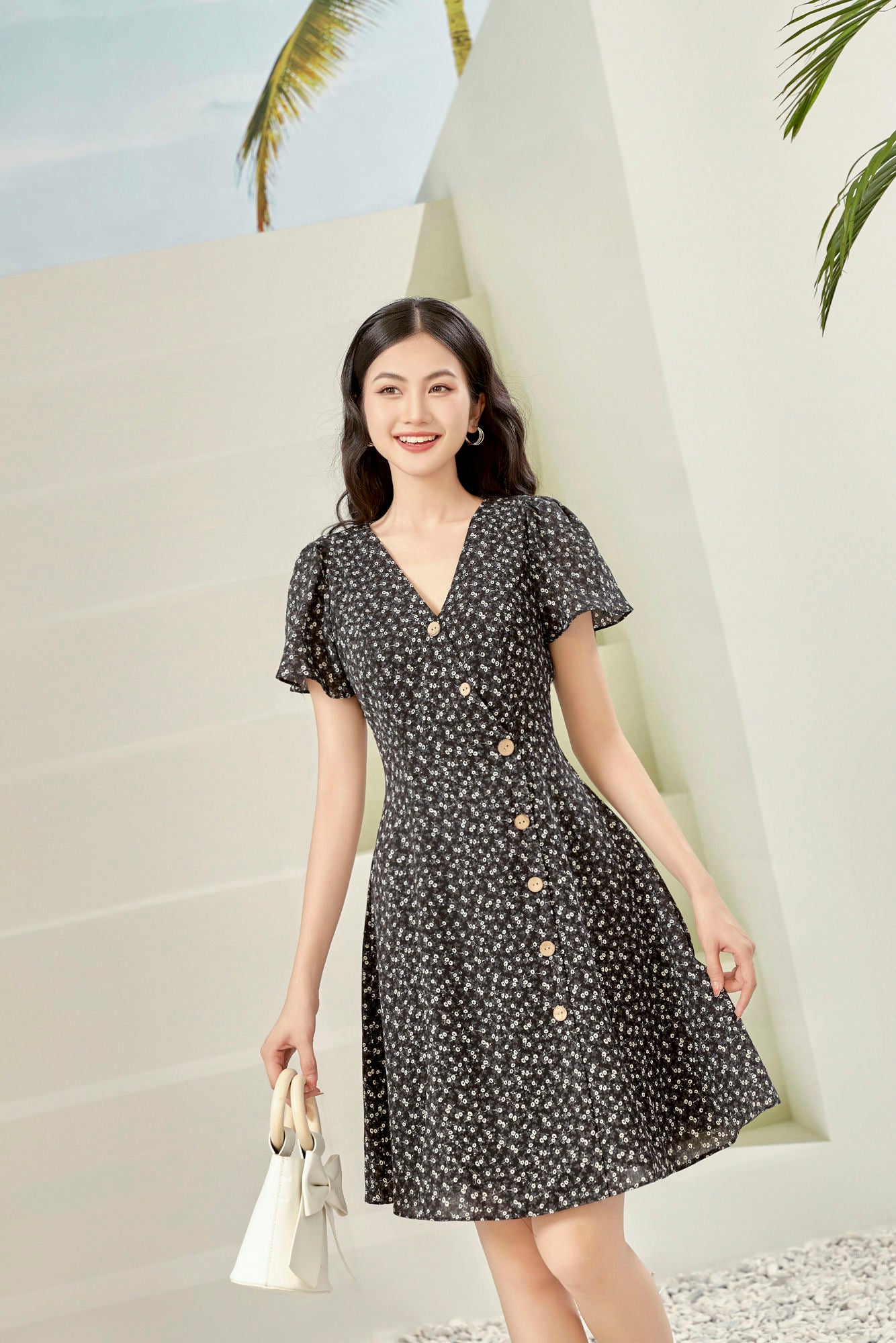 Black Floral V Neck Button Up Dress