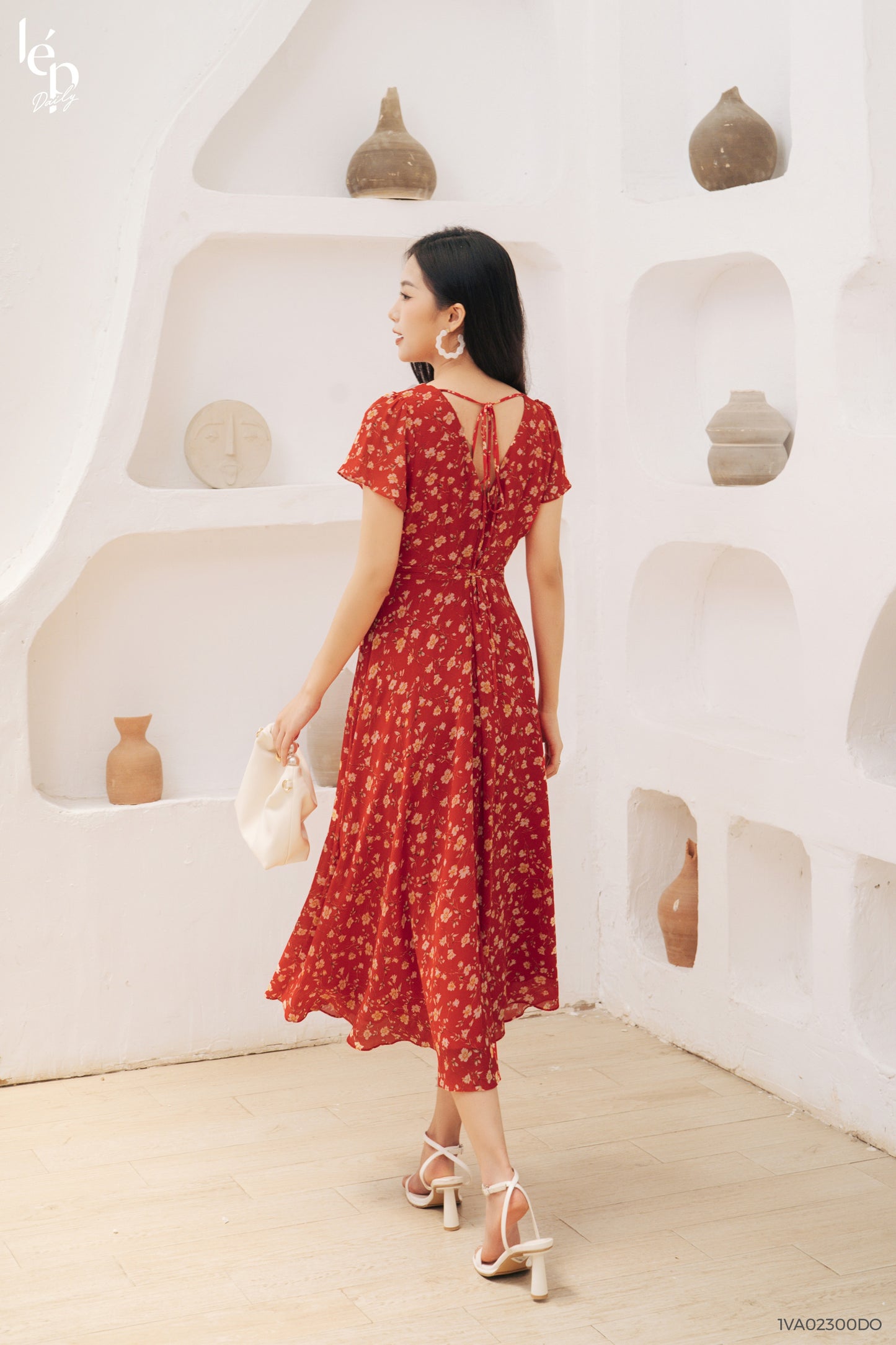 V-Neck Red Floral Midi Dress