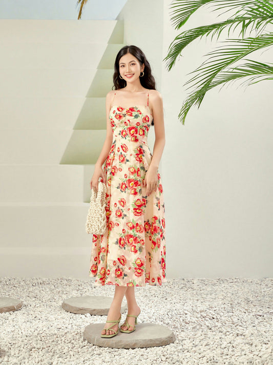 Big Flower Spaghetti Strap Midi Dress
