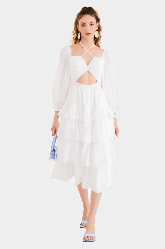 Multi-Layered Long Sleeved Cut Out Midi Dress