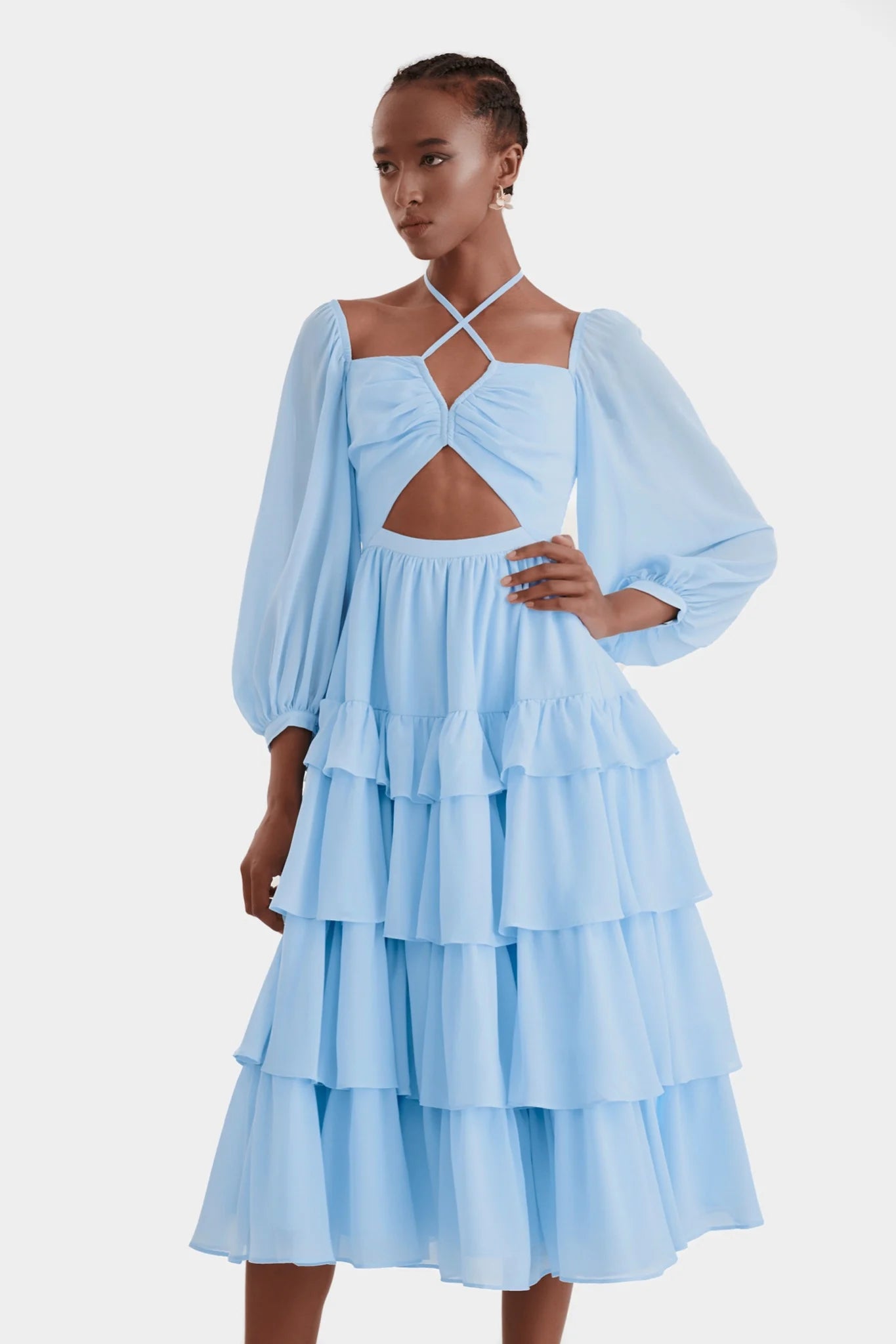 Multi-Layered Long Sleeved Cut Out Midi Dress