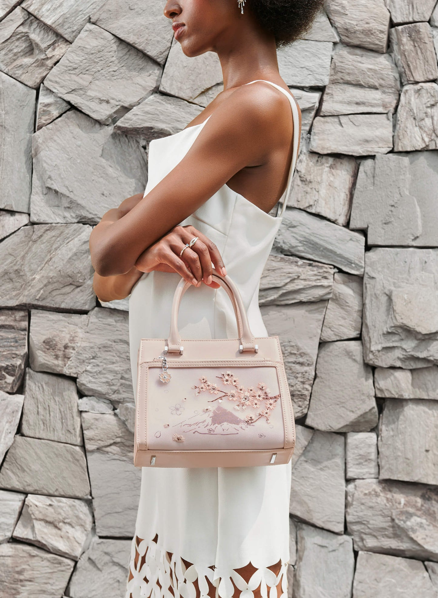 Sakura Embroidered Tote Handbag - Pink