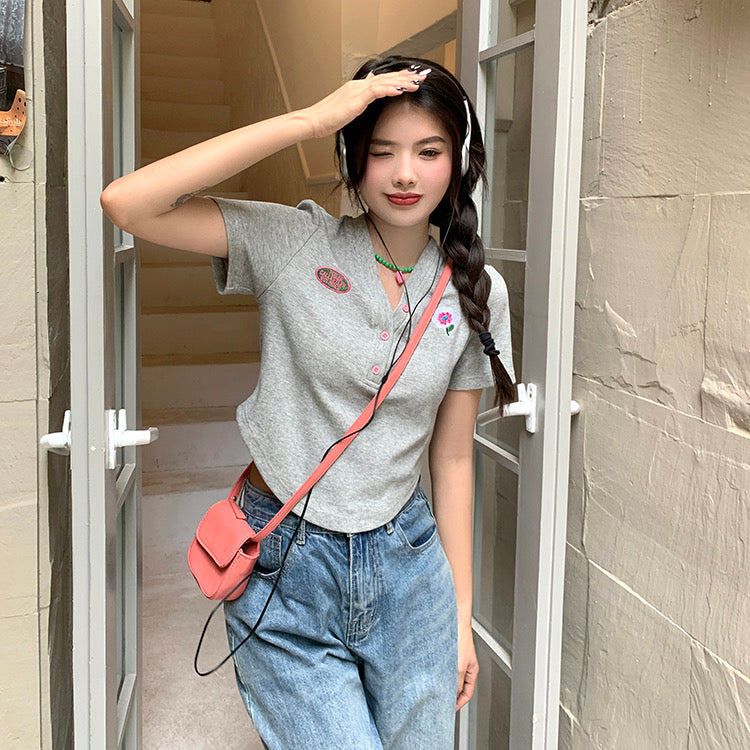 V Neck Button Collar T-shirt