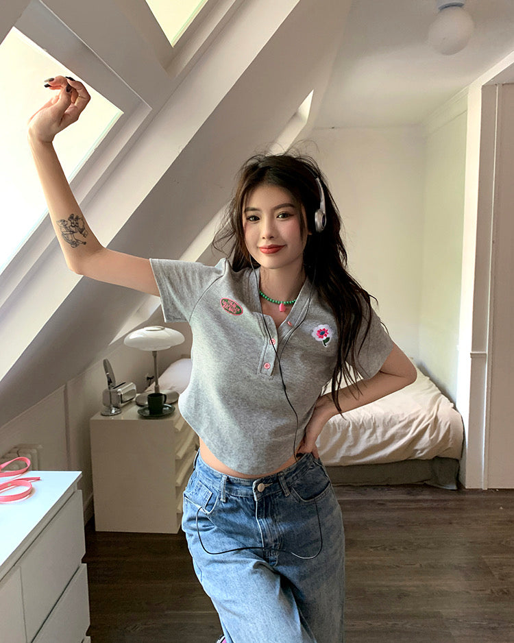 V Neck Button Collar T-shirt