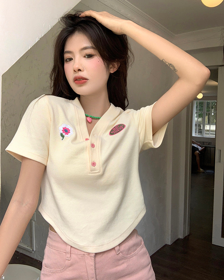 V Neck Button Collar T-shirt