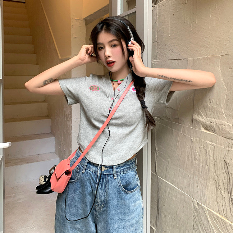 V Neck Button Collar T-shirt