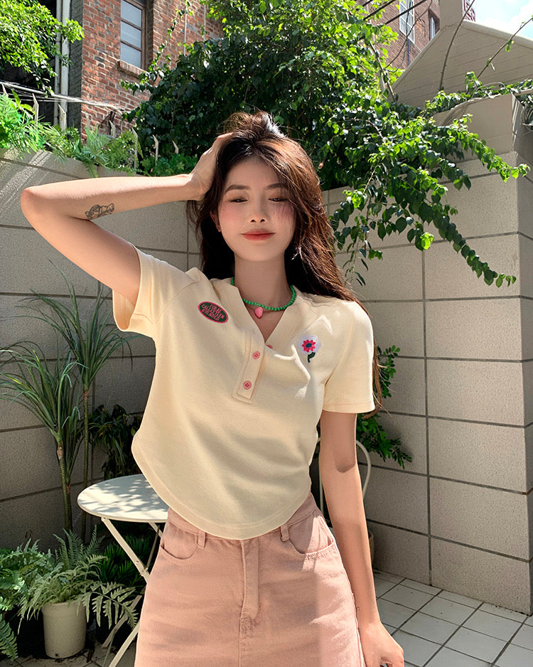 V Neck Button Collar T-shirt