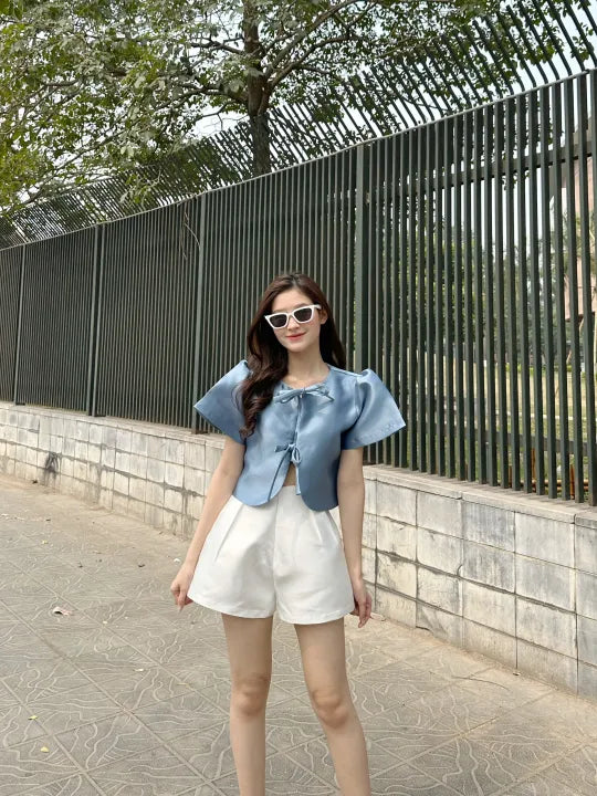 Puka Tie Top - Puff Sleeve Top With Bow Tie