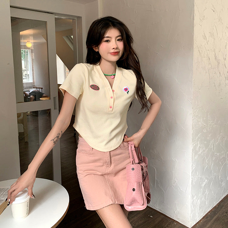 V Neck Button Collar T-shirt