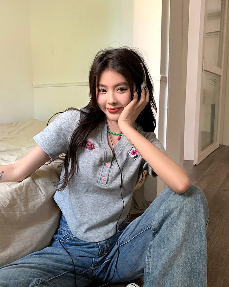 V Neck Button Collar T-shirt