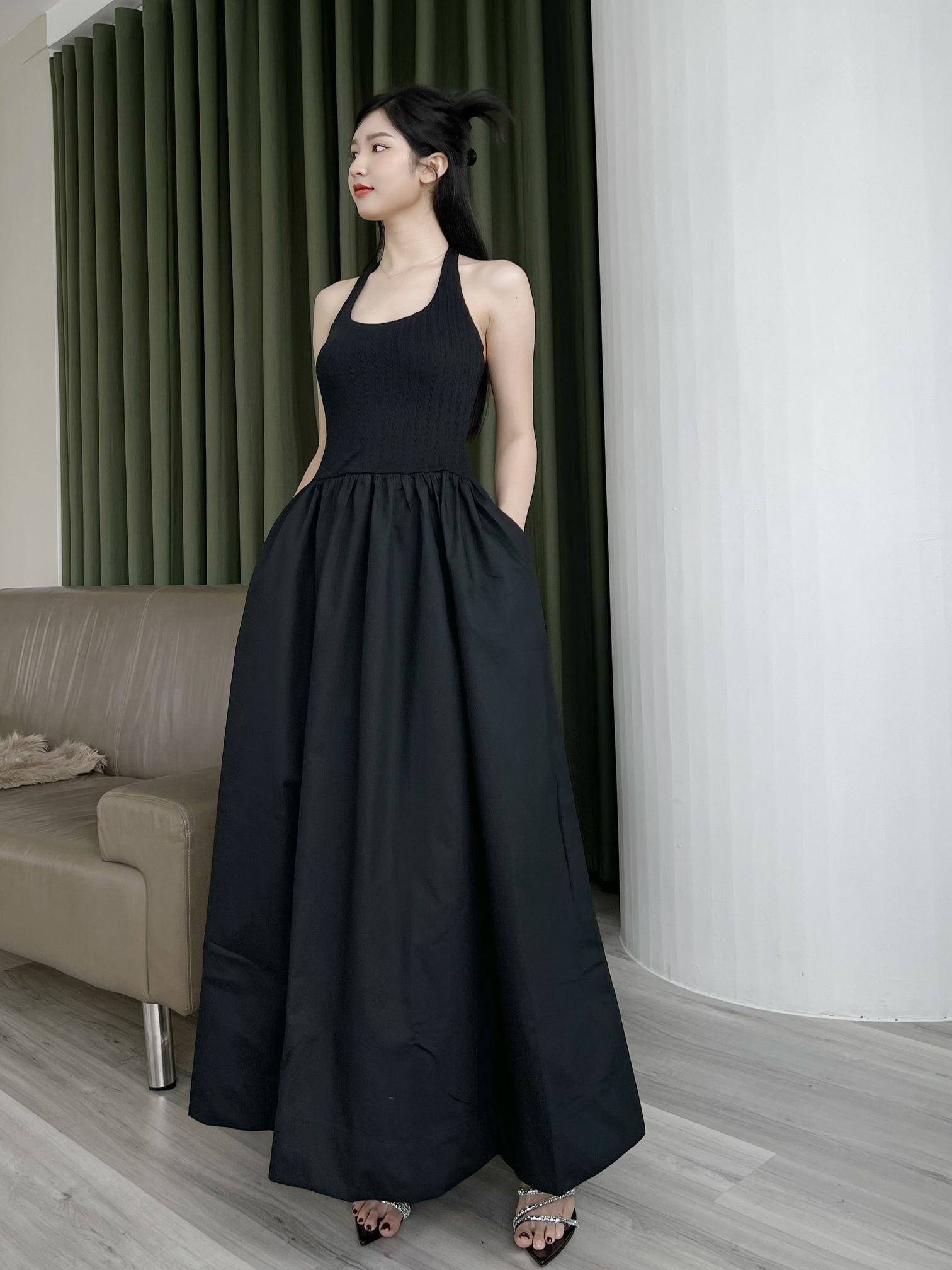 Hanie Dress - Long A-Line Dress, Soft and Smooth Cotton, Elegant and Luxurious Black / S Hanie Dress - Long A-Line Dress, Soft and Smooth Cotton, Elegant and Luxurious Black / S