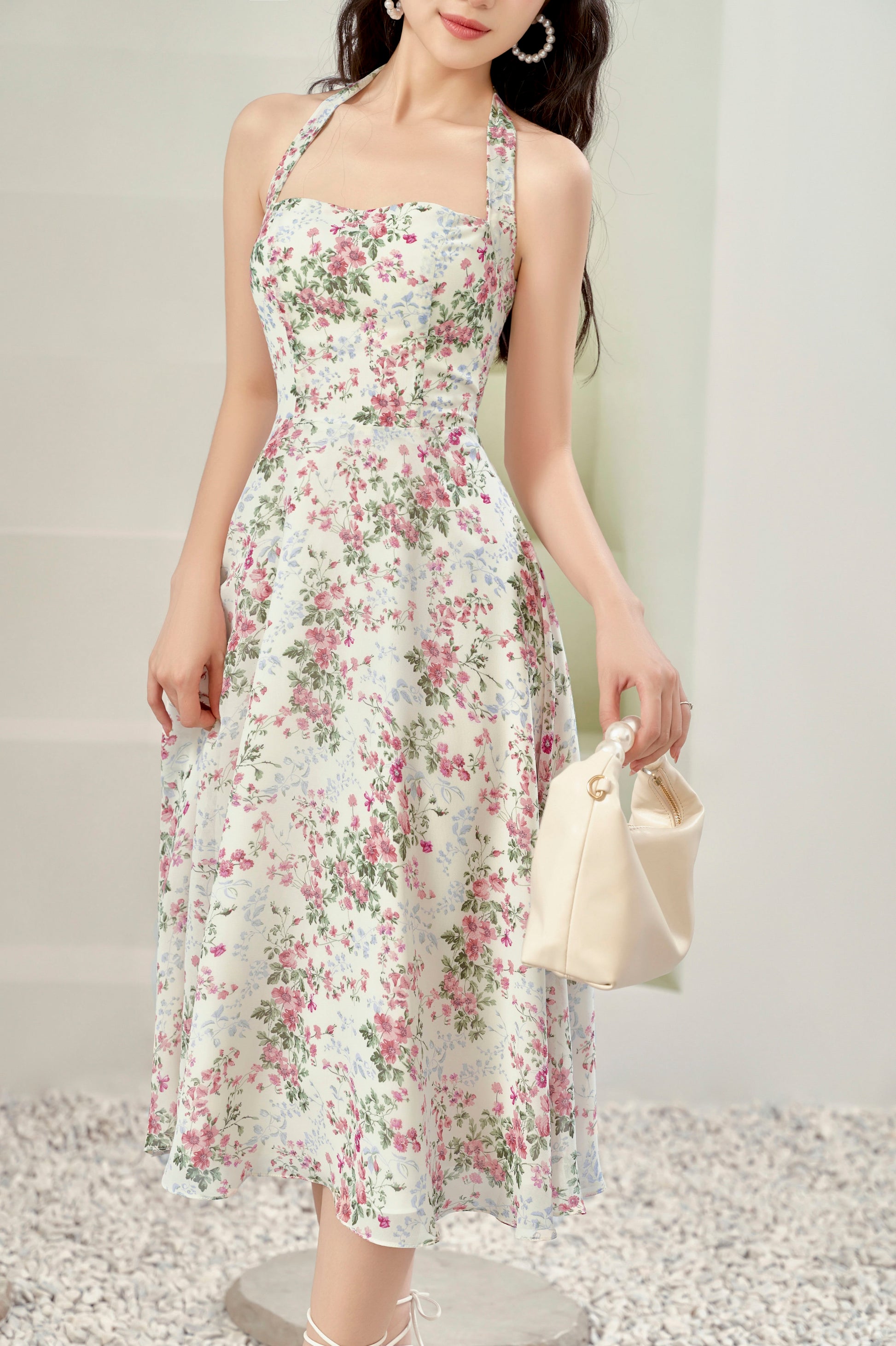 Floral Halter Neck Flared Dress Beige / S Floral Halter Neck Flared Dress Beige / S