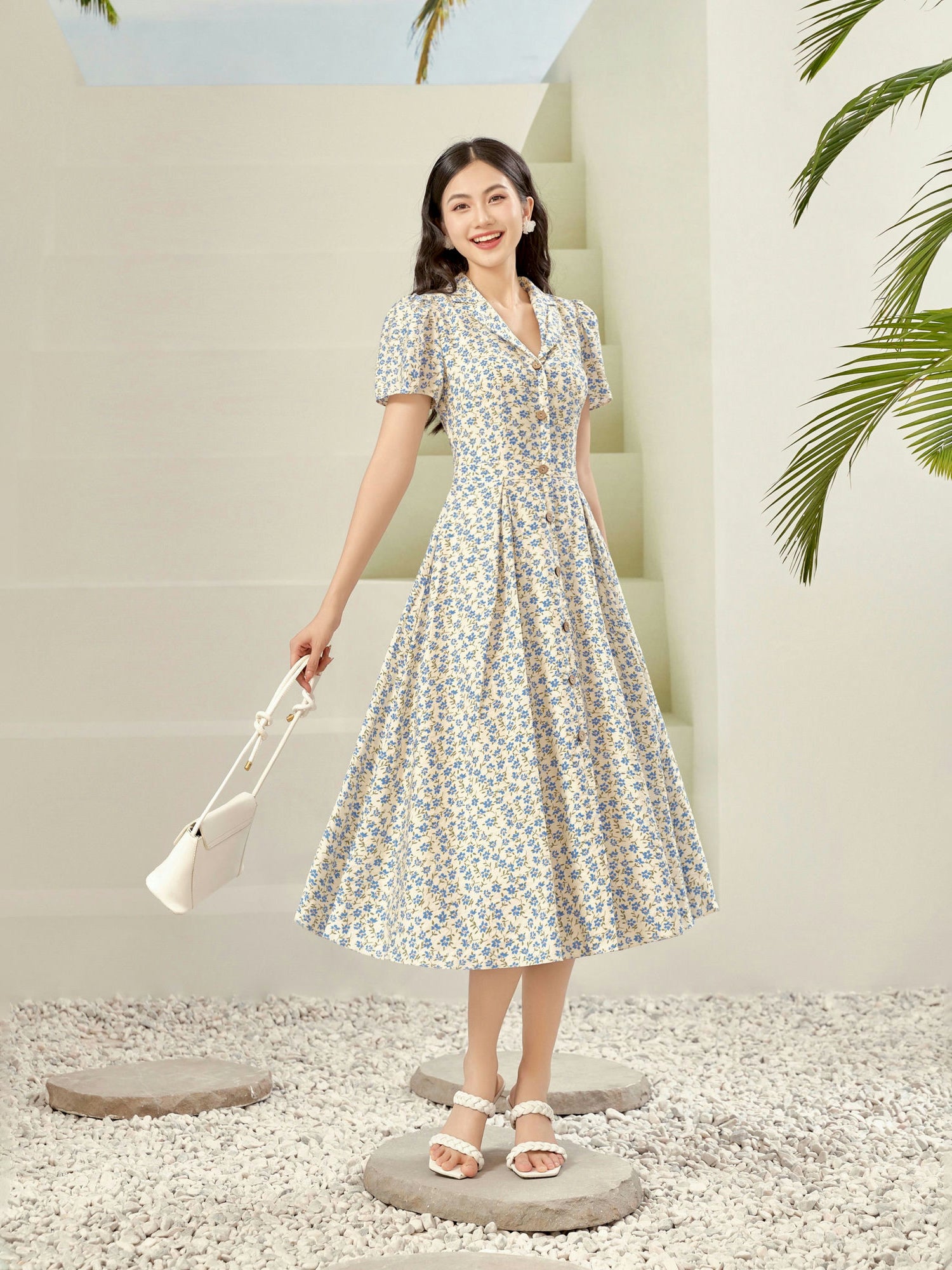 Beige with Blue Petite Floral Dress Beige / S
