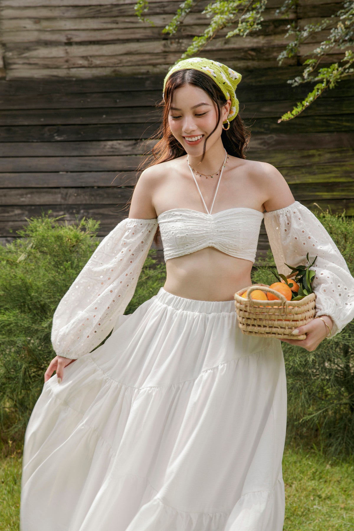 crop top off shoulder dress Floral Smocked Ruffle-Sleeve Off-Shoulder Crop Top: AQUA BLUE / YTC1868C