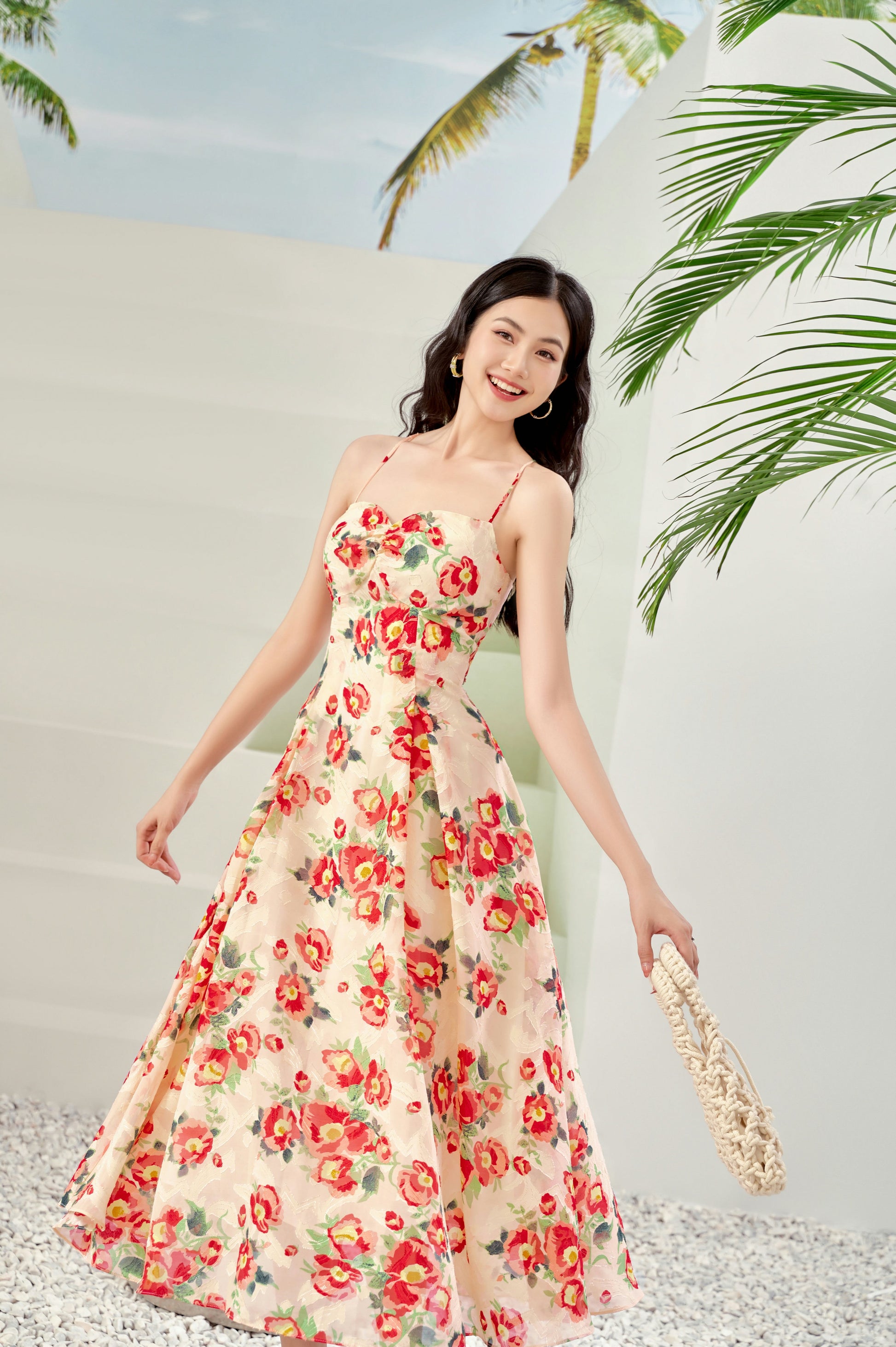 Big Flower Spaghetti Strap Midi Dress