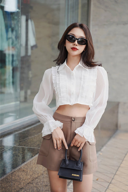 Lyna Shirt - Crop Top With Long Sleeves And A Unique Collar Design White / L Lyna Shirt - Crop Top With Long Sleeves And A Unique Collar Design White / L