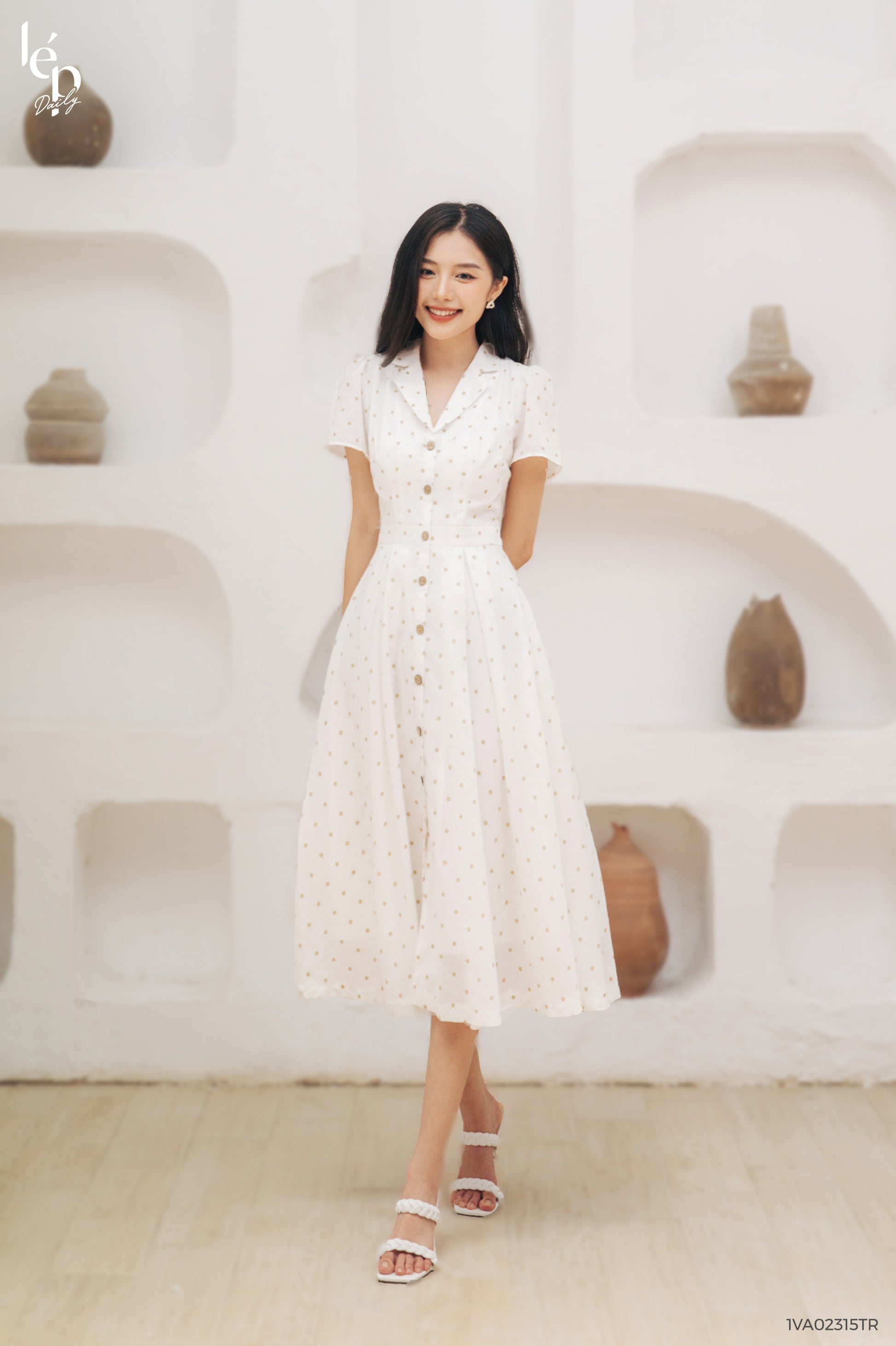 White Polka Dot with Collar Midi Dress White / S White Polka Dot with Collar Midi Dress White / S