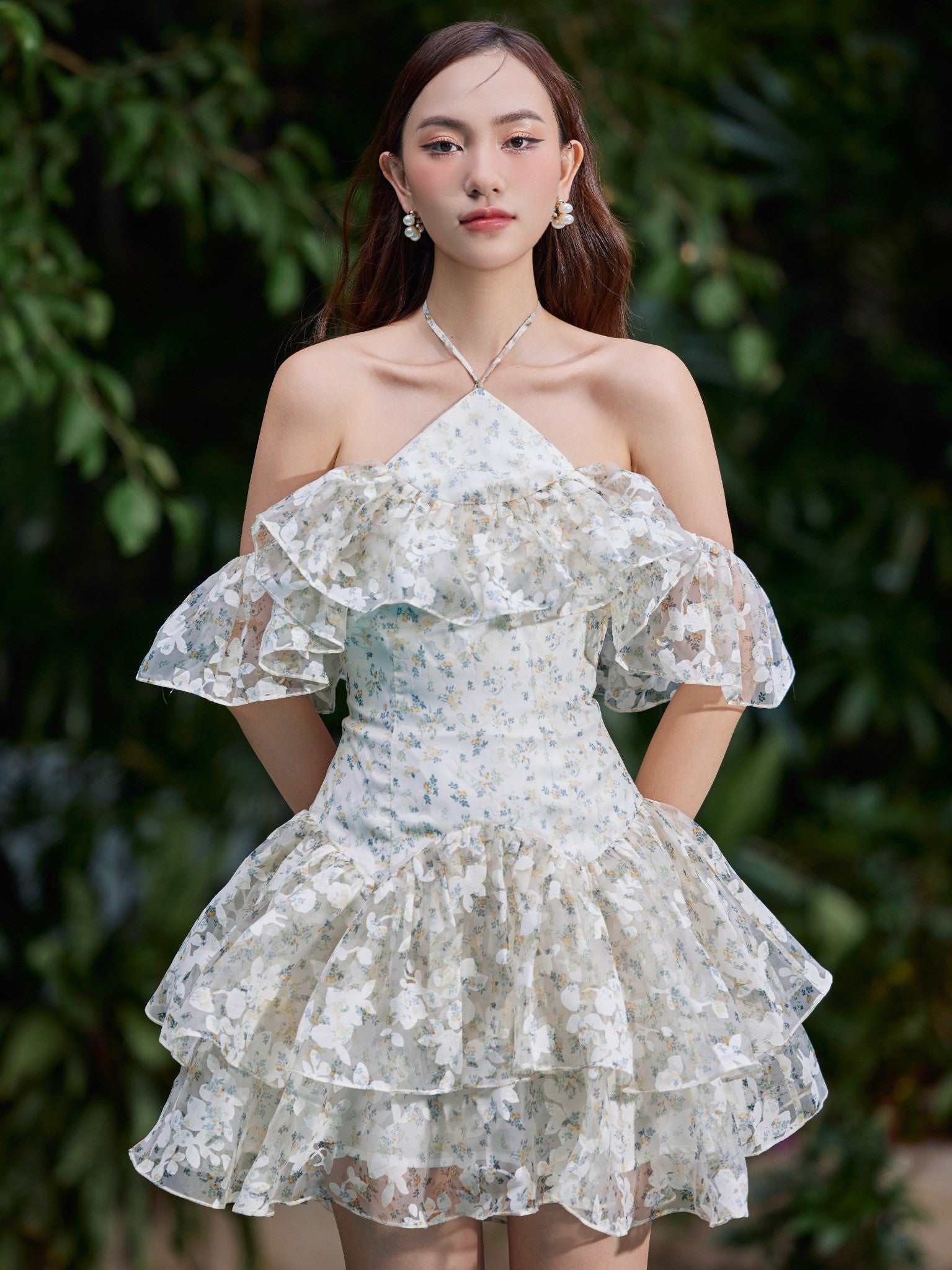 Soza Dress - Off-Shoulder Design, Flared Silhouette, Ruffled Bodice, And Layered Floral Pattern For A Luxurious And Elegant Look Yellow Flower / M Soza Dress - Off-Shoulder Design, Flared Silhouette, Ruffled Bodice, And Layered Floral Pattern For A Luxurious And Elegant Look Yellow Flower / M
