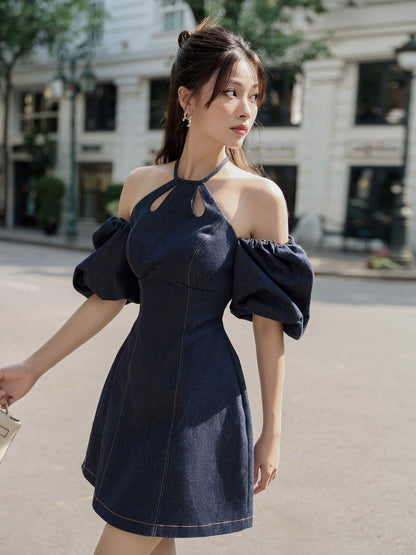 Miu Dress - Chic Short Overall Dress With Puffed Sleeves, Ideal For Evening Parties Miu Dress - Chic Short Overall Dress With Puffed Sleeves, Ideal For Evening Parties